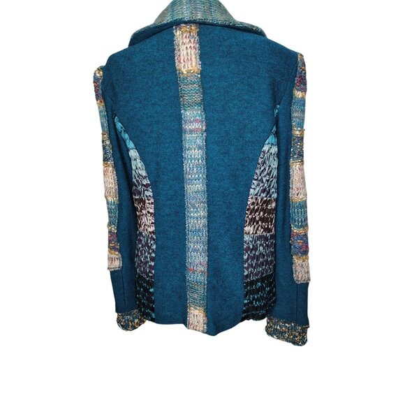 Lulu H Medium Wool Blend Blazer Jacket Teal Blue Patchwork Boho Lagenlook Ruched - Picture 5 of 8